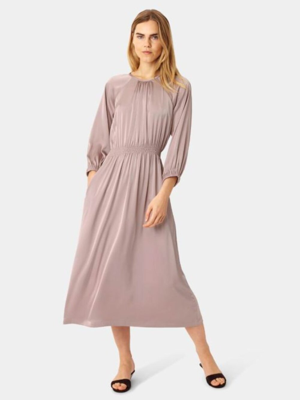 Karmamia Rachel Satin Midi Dress Blush Long Sleeve Elastic Waist Size S/M